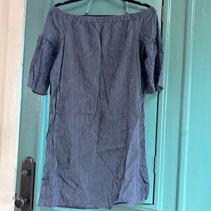 Madewell Off Shoulder Bell Sleeve Blue Striped Crinkle Dress Womens Sz 8